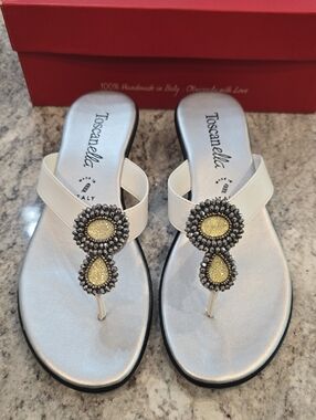 Toscanella White Crystal-Accent Thong Sandals